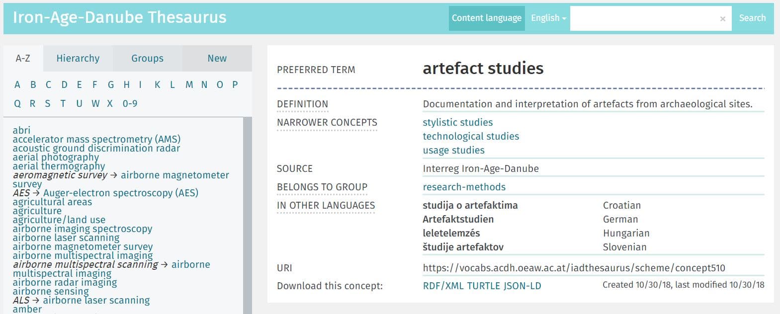 Picture 6. IAD - Iron-Age-Danube Thesaurus in Vocabs repository